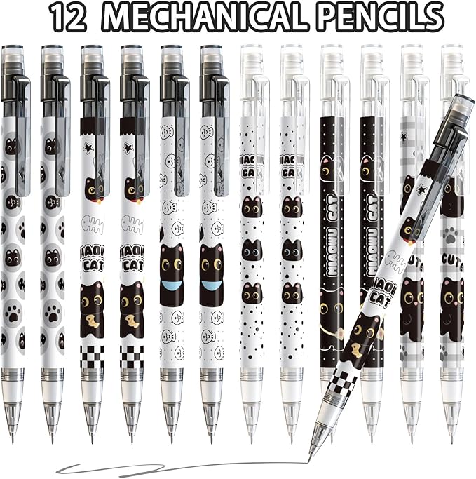 12Pcs Black Cute Cat Mechanical Pencils with Eraser 0.5mm Kawaii Cartoon Cat Mechanical Pencil School Pencil Cat Gifts for Women Man