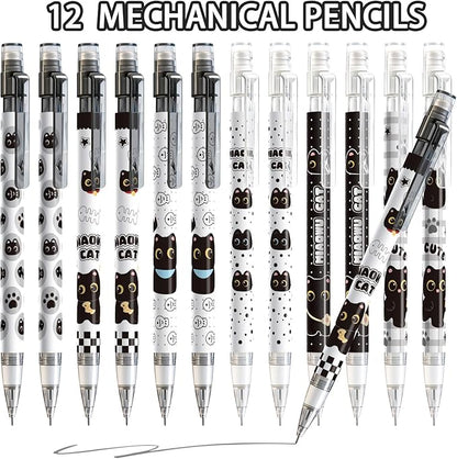 12Pcs Black Cute Cat Mechanical Pencils with Eraser 0.5mm Kawaii Cartoon Cat Mechanical Pencil School Pencil Cat Gifts for Women Man