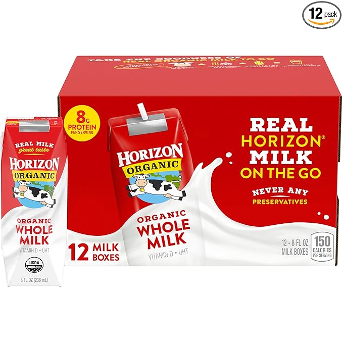 Horizon Organic Shelf Stable Whole Milk Boxes, 8 fl oz, 12 Count - 8g Protein per Serving, USDA Organic UHT from Pasture-Raised Cows, Ready to Drink for Lunchbox, Travel, or On-the-Go, No Refrigeration Needed