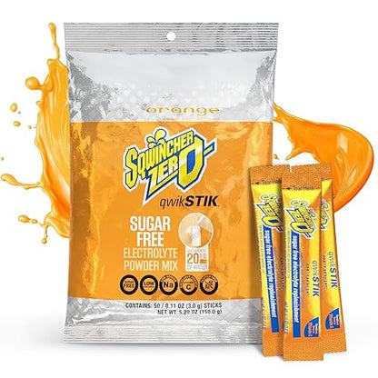 Sqwincher Zero Qwik Stik, Orange, Sugar Free, Low Calorie, Low Sodium Electrolyte Powder Hydration Drink Mix, .11 0z Packet (Pack of 50)