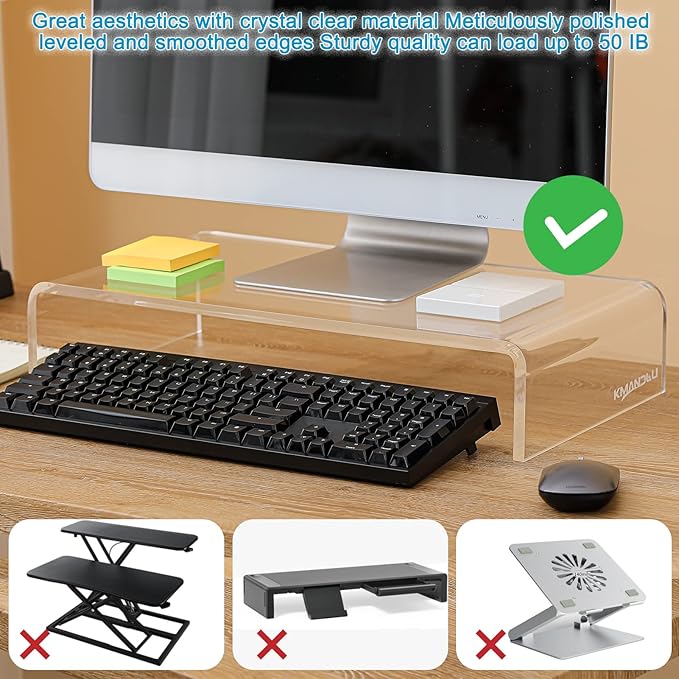 Premium Acrylic Monitor Stand, Extra-Wide Clear Computer Riser 20"x10"x4" – Laptop Stand, Desktop Organizer for Office & Home, TV, Printer, iMac, Laptop – Bonus Acrylic Phone Holder