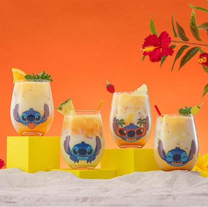 JoyJolt Disney Stitch Silly Sips Stemless Drinking Glasses, 19oz Teardrop Glass Cups, Glass Tumbler Cup Set of 4, Stitch Stuff, Lilo and Stitch Gifts, Disney Gifts for Adults
