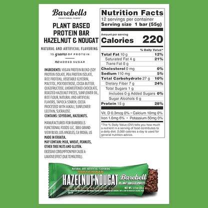 Barebells Vegan Protein Bars Hazelnut & Nougat - 12 Count, Pack of 2 - Plant Based Protein Bar with 15g of High Protein - Chocolate Protein Snacks with 1g of Total Sugars - On The Go Breakfast Bars