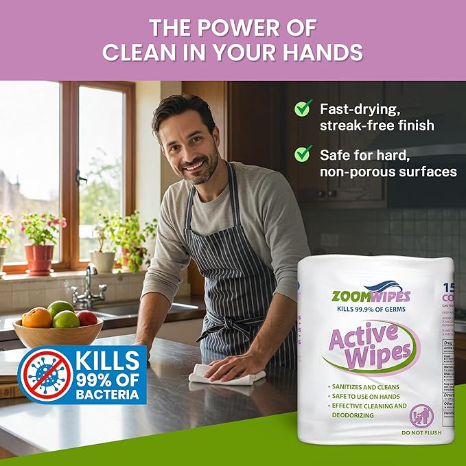 Zoom Active Cleaning Wipes Bulk 6000 Count (4 Rolls of 1500) | Antibacterial Disinfecting Wipes for Hands, Home, Gym, Office & Car | Multi-Purpose, Quick Dry, Fresh Scent, Made in USA, No Bleach