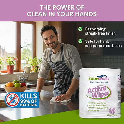 Zoom Active Cleaning Wipes Bulk 6000 Count (4 Rolls of 1500) | Antibacterial Disinfecting Wipes for Hands, Home, Gym, Office & Car | Multi-Purpose, Quick Dry, Fresh Scent, Made in USA, No Bleach