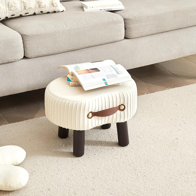 Small Footstool with Handle, Velvet Ottoman Foot Rest with Padded Seat, Curved Foot Stool with Wooden Legs, Portable Foot Rest for Living Room, Bedroom, Entryway, White