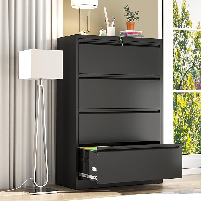 File Cabinet with Lock, 4 Drawer Lateral Filing Cabinet for Home Office, Black Metal Heavy Duty File Cabinets for Hanging Letter/Legal/F4/A4 Size Files, Assembly Required
