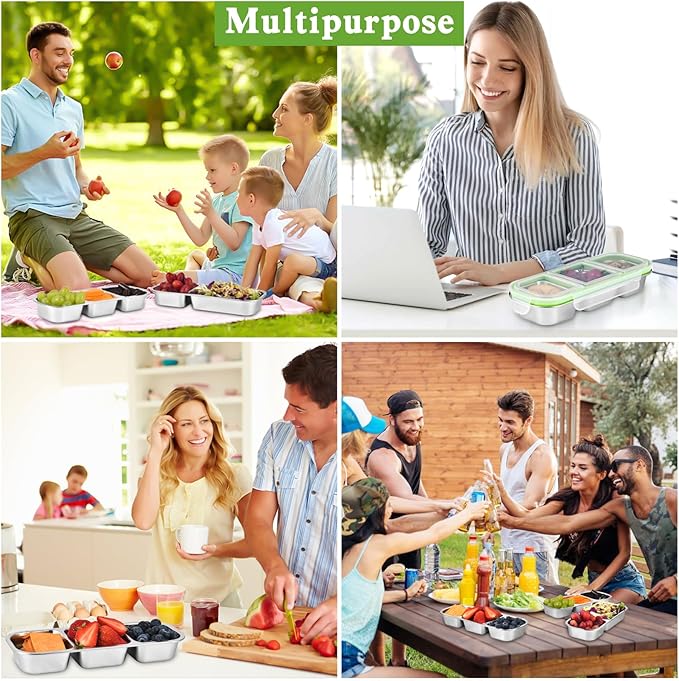 UPTRUST Reusable Snack Containers with Lids, 2pcs Stainless Steel 3-Compartment Snack Box, Divided and Leak-Proof Design for Take-Out Condiments and On-the-Go Snacks