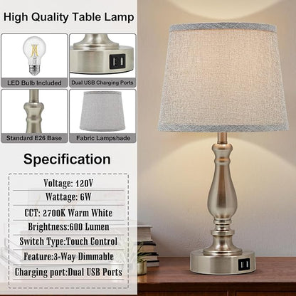 Table Lamps for Bedroom Set of 2,3 Way Dimmable Touch Bedside Lamps with Dual USB A+C Ports - Nightstand Lamp for End Table Modern Night Stand Lamps for Living Room Guest Room