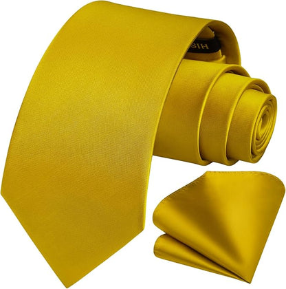 HISDERN Mens Solid Color Ties Formal Satin Necktie and Pocket Square Set Classic Wedding Business Tie & Handkerchief