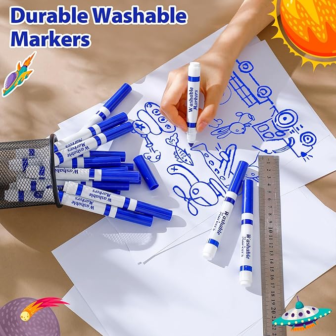 Janlaugh 24 Pcs Washable Markers Bulk Broad Line Markers Coloring Conical Tip Large pens for Kids art projects, Teachers, Students, Toddlers, Party Favors, Classrooms, Donations(Blue)