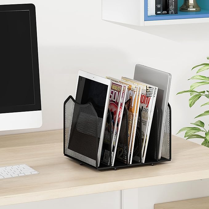 Simple Trending Mesh Desktop File Sorter Organizer, 5-Section Bookshelf for Desk Home Office, Black