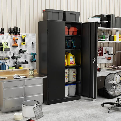 SUNCROWN 72" Metal Storage Cabinet - Heavy-Duty Metal Garage Cabinet with 4 Adjustable Shelves & 2 Doors for Tools, Office, Home, Workshop,Black