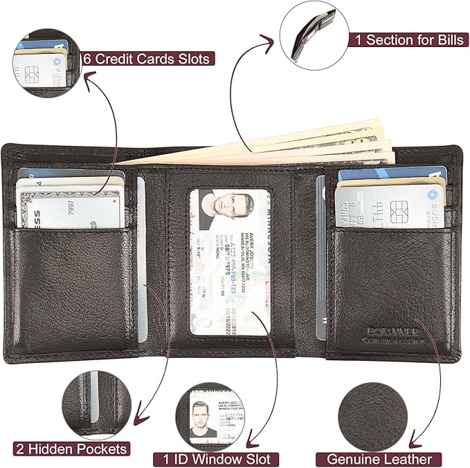 Genuine Leather Mens Trifold Wallet RFID Blocking 6 Credit Card Slots 1 ID Window Section for Bills 2 Hidden Pockets | Ink Black