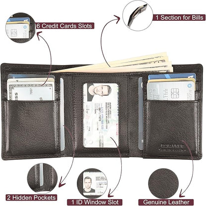Genuine Leather Mens Trifold Wallet RFID Blocking 6 Credit Card Slots 1 ID Window Section for Bills 2 Hidden Pockets | Ink Black