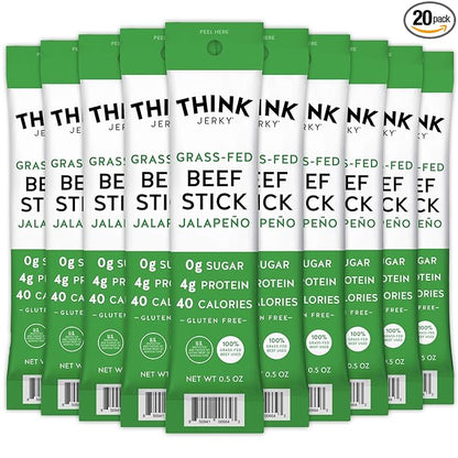 Think Jerky Jalapeno Beef Sticks, Gluten and Sugar Free, No Nitrates, Keto Paleo Friendly High Protein Low Carb Meat Snack - 0.5 oz Sticks, 20 Pack