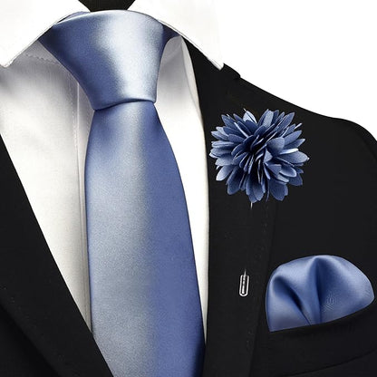 Branduce 3.15"（8cm） Pre-tied Adjustable Zipper Tie and Lapel Pin Solid Necktie Handkerchief Set for Men