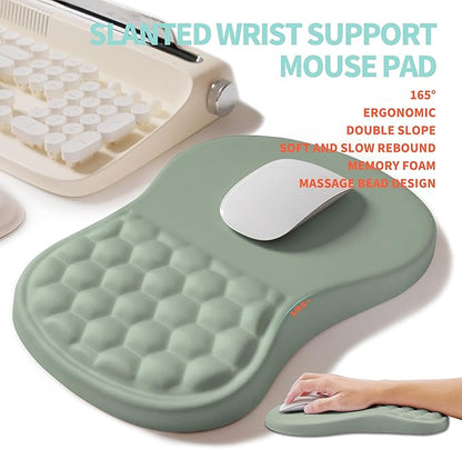 2-in-1 Ergonomic Set, Wave Rise Keyboard Wrist Rest and Massage Bulge Slope Mouse Pad Wrist Support, Cushion Memory Foam Integrated to Relieve Wrist Pain, Light Green