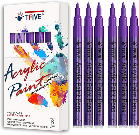Purple Marker Paint Pens - 6 Pack Acrylic Purple Permanent Marker, 0.7mm Extra Fine Tip Paint Pen for Art Projects, Drawing, Rock Painting, Ceramic, Glass, Wood, Plastic, Metal, Canvas DIY Crafts
