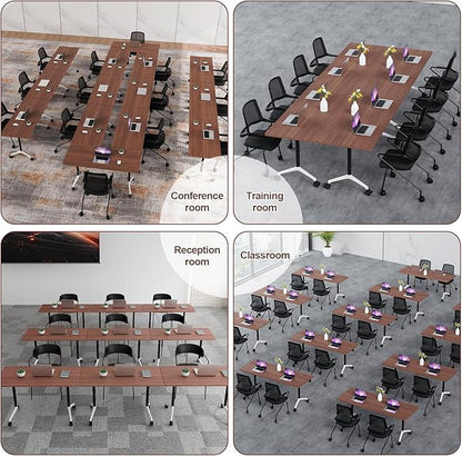 Conference Table, Folding Conference Room Table On Wheels Foldable Office Conference Table Moderen Modular Conference Training Table for Classroom Meeting(Walnut, 47.2IN, 4)