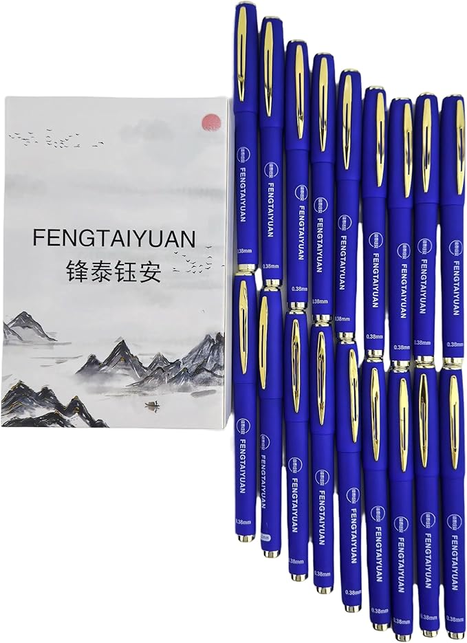 Fengtaiyuan B038P18, Blue Gel Ink Rollerball Pens - Comfortable Non-Slip Grip, Blue Ink, Ultra Fine, 0.38mm, Quick-Drying Ink, 18-Piece Box (B038P18)