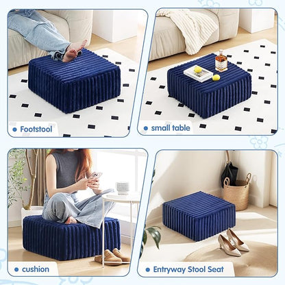 Tiita Suqre Stuffed Pouf Ottoman, Stripe Poufs 21×21×10 inch with Foam Chunk Filling, Floor Bean Bag Floor Chair Storage for Living Room Bedroom Home Decor, Navy Blue