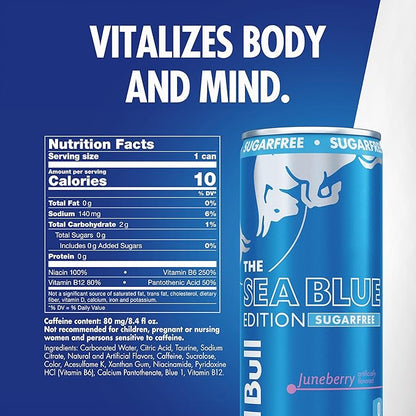 Red Bull Sea Blue Edition Sugar-Free Energy Drink, Juneberry, with 80mg Caffeine plus Taurine & B Vitamins, 8.4 Fl Oz, Pack of 4 Cans