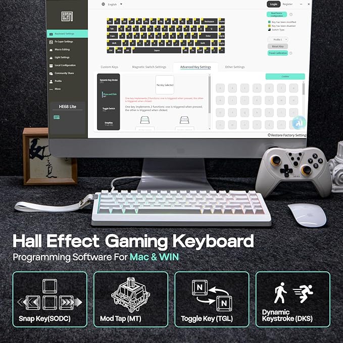 EPOMAKER HE68 Lite Hall Effect Gaming Keyboard, 8k Polling & 128K Scan Rate, 0.01mm Adjustable Trigger, 0.125ms Latency, 5-Layer Sound-Dampened, Snap Key, SOCD, A-RGB, Wired, Mac Software (White)
