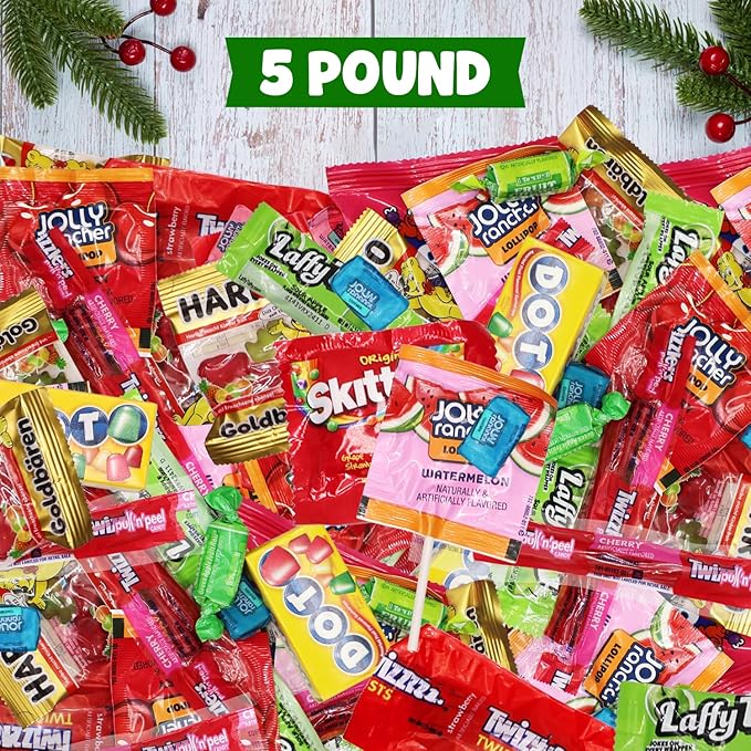 Bulk Christmas Candy Variety Pack 5 Pound - Individually Wrapped Assorted Candies for Stocking Stuffers, Holiday Parties, Pinata Fillers, Classroom, Office Bowls & Treats - Approx. 250 Pieces