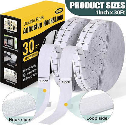 Navona 30Ft x 1 Inch Hook and Loop Strips with Adhesive – 2 Rolls Heavy Duty Hook and Loop Tape with Backing for Home, Office, School, and Crafting Projects, White