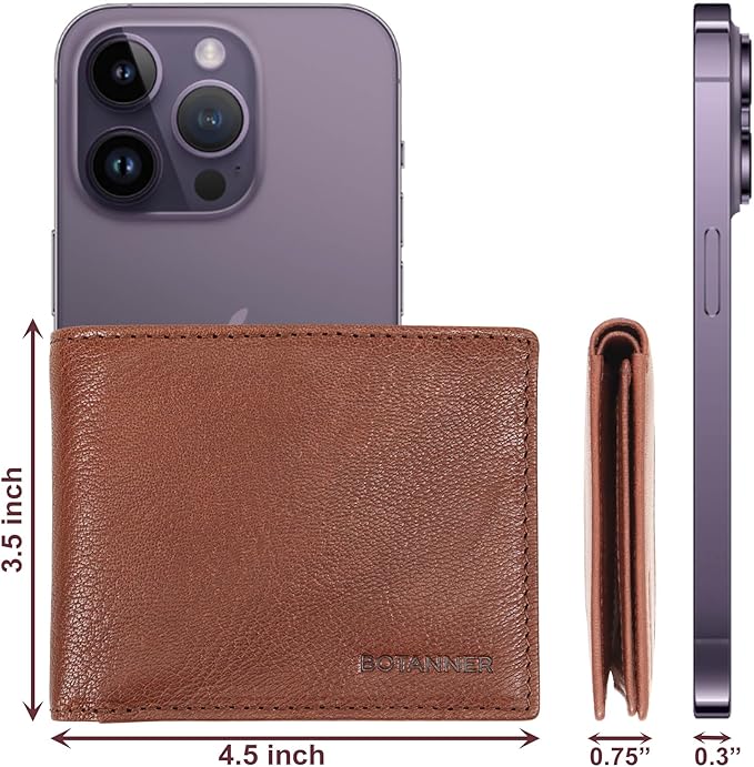 Genuine Leather Mens Bifold Flip ID Wallet RFID Blocking 8 Credit Card Slots 2 ID Window 2 Sections for Bills 3 Additional Slots | Choco
