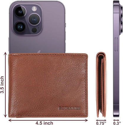 Genuine Leather Mens Bifold Flip ID Wallet RFID Blocking 8 Credit Card Slots 2 ID Window 2 Sections for Bills 3 Additional Slots | Choco