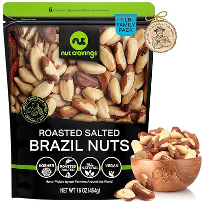 NUT CRAVINGS - Brazil Nuts Roasted & Salted - No Shell, Whole (16oz - 1 LB) Bulk Nuts Packed Fresh in Resealable Bag - Healthy Protein Food Snack, Food Assortments