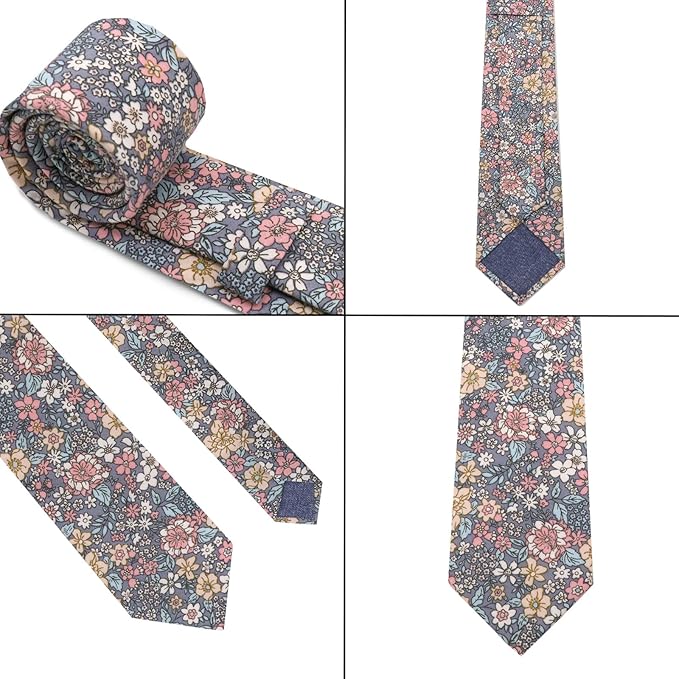 Cotton Floral Ties for Men 2.76" Men's Skinny Tie Linen Flower Printed Neck Tie for Wedding Dating Party