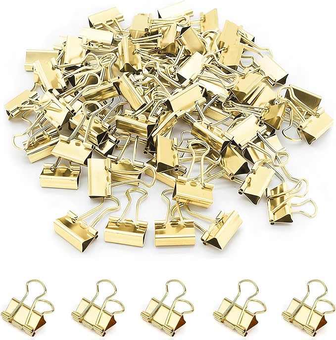 100 Pack Mini Gold Binder Clips 5/8 Inch (15 mm), Colored Little Paper Clamps, Small Tiny Micro Size Paper Clips for Office Home School Business 0.6"
