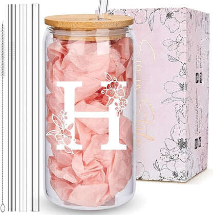 Personalized Tumbler, Monogrammed Can Glass Cups with Bamboo Lids and Straws, Customized Gifts for Women, Cute Design Initial Iced Coffee glasses, Custom Letter Mug, Birthday Bridesmaid, H