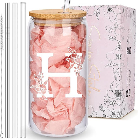 Personalized Tumbler, Monogrammed Can Glass Cups with Bamboo Lids and Straws, Customized Gifts for Women, Cute Design Initial Iced Coffee glasses, Custom Letter Mug, Birthday Bridesmaid, H