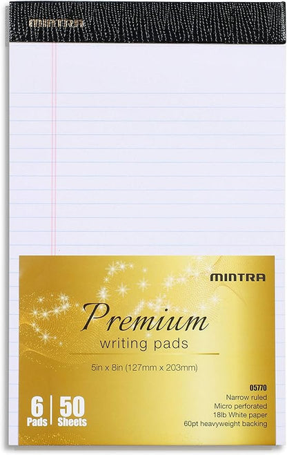 Mintra Office Legal Pads - ((PREMIUM WHITE 6pk, 5in x 8in, NARROW RULED))