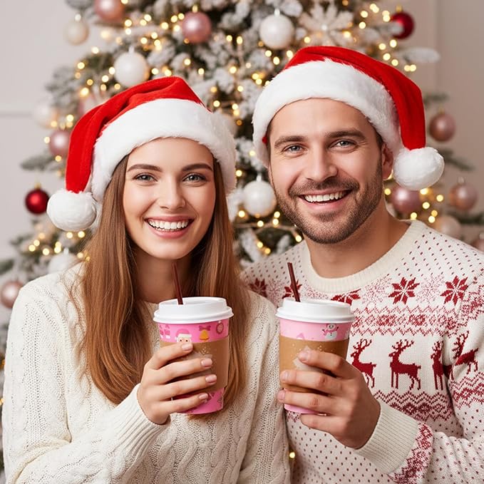 Lallisa 100 Sets Pink Christmas Disposable Coffee Paper Cups Bulk with Lids Sleeves & Straws, 12 oz Xmas Snowman Snowflake Coffee Cups for Hot Cold Cocoa Tea Holiday Party Supplies