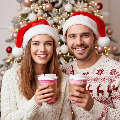 Lallisa 100 Sets Pink Christmas Disposable Coffee Paper Cups Bulk with Lids Sleeves & Straws, 12 oz Xmas Snowman Snowflake Coffee Cups for Hot Cold Cocoa Tea Holiday Party Supplies