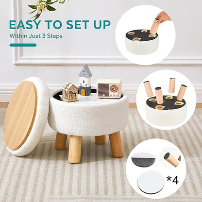 Small Foot Stool Ottoman with Storage, Sherpa Ottoman Foot Rest for Couch, Round Footstool with Storage, Small Ottomans and Footstools for Living Room and Entryway (White)