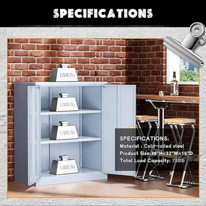 Greenvelly Metal Garage Storage Cabinet, Lockable Metal Cabinets with 2 Doors and Shelves,36”Steel Storage Locking Counter Cabinet for Office,Garage,Kitchen,Home,School(Dark Grey)