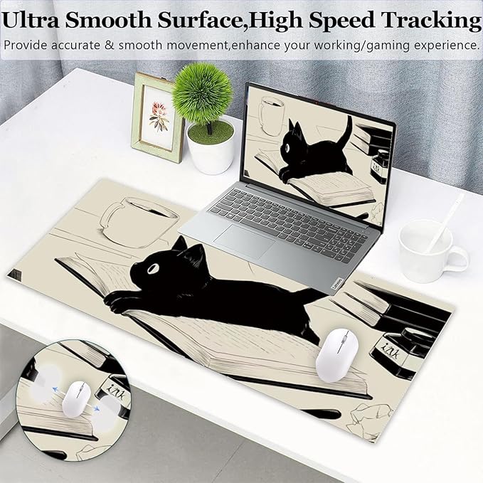 Gaming Mouse Pad XL Extended Anime Mouse Pad 31.5x11.8inch, Large Cute Kawaii Big Computer Mouse Mat Desk Pad Home Office-Black Reading Cat