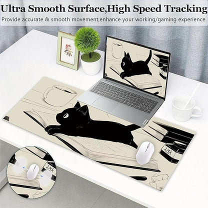 Gaming Mouse Pad XL Extended Anime Mouse Pad 31.5x11.8inch, Large Cute Kawaii Big Computer Mouse Mat Desk Pad Home Office-Black Reading Cat