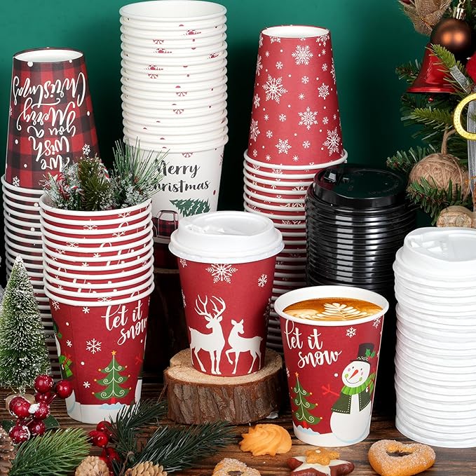 Hallswl 200 Pieces 12 oz Christmas Paper Cups with Lids, Disposable Coffee Cups for Cold Beverage Hot Drinking,Snowflake Snowman Truck Elk Plaid Pattern To Go Cup for Christmas Decorations
