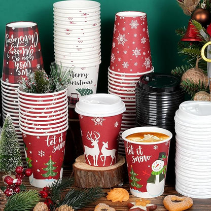 Hallswl 200 Pieces 12 oz Christmas Paper Cups with Lids, Disposable Coffee Cups for Cold Beverage Hot Drinking,Snowflake Snowman Truck Elk Plaid Pattern To Go Cup for Christmas Decorations