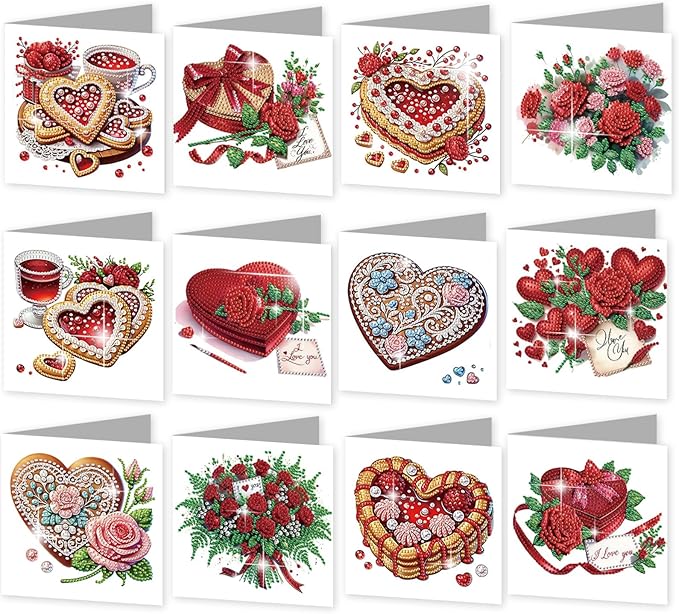 jinglinhh 12pcs Valentine's Day Diamond Art Painting Rose Flower Love Heart Cake Greeting Cards with Envelopes, DIY Card Making Kits for Adults, Diamond Art Holiday Birthday Cards Craft Gifts