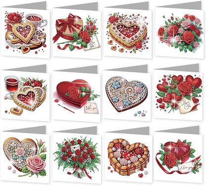 jinglinhh 12pcs Valentine's Day Diamond Art Painting Rose Flower Love Heart Cake Greeting Cards with Envelopes, DIY Card Making Kits for Adults, Diamond Art Holiday Birthday Cards Craft Gifts