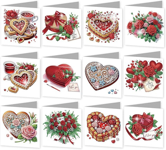 jinglinhh 12pcs Valentine's Day Diamond Art Painting Rose Flower Love Heart Cake Greeting Cards with Envelopes, DIY Card Making Kits for Adults, Diamond Art Holiday Birthday Cards Craft Gifts