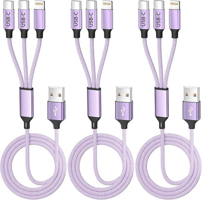 3Packs 4FT Multi Charging Cable with 2 USB-C/IP Port, Purple Charging Cords for Multiple Devices, USB C Splitter Cable, Multiple Charger Cord Travel Car Charger for iPhone17-8, Androids iPad and More